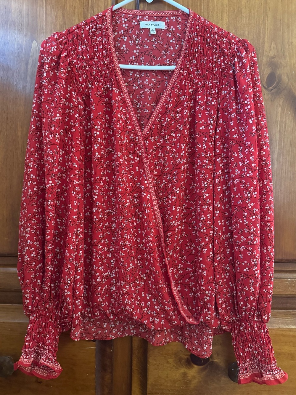 Max Studio Red Floral Wrap-Style Blouse